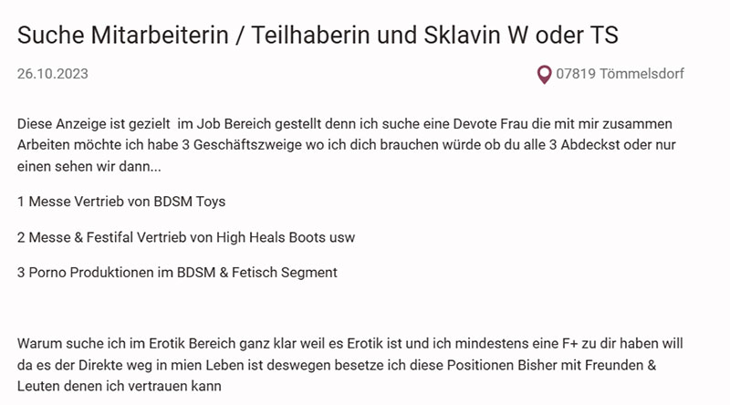 Screenshot von Stellenanzeige für BDSM-Shop